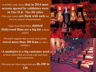 •A KPMG study shows that in 2014 most
screens opened by exhibitors were
in Tier II & Tier III cities
•The rural centers are flush with cash but
have no sources of entertainment
•Apart from Hindi films, dubbed
Hollywood films are a big hit in these
centers
•Research suggests that in some areas people
travel more than 200 Kms to visit a
multiplex
•
•A multiplex is a big customer need
in these centers that are awash with cash from
land transactions
•The price per ticket ranges between Rs.100 to
130
 