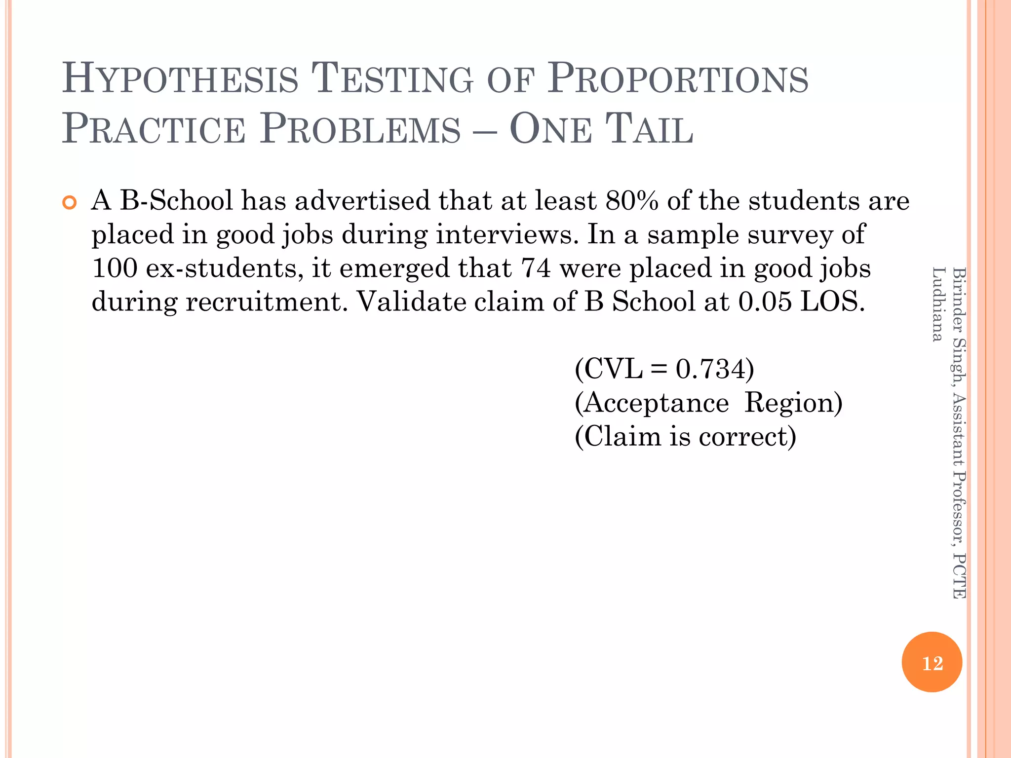 HYPOTHESIS TESTING OF PROPORTIONS
PRACTICE PROBLEMS – ONE TAIL
 A B-School has advertised that at least 80% of the students are
placed in good jobs during interviews. In a sample survey of
100 ex-students, it emerged that 74 were placed in good jobs
during recruitment. Validate claim of B School at 0.05 LOS.
(CVL = 0.734)
(Acceptance Region)
(Claim is correct)
12
BirinderSingh,AssistantProfessor,PCTE
Ludhiana
 