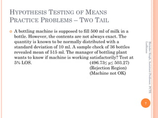 HYPOTHESIS TESTING OF MEANS
PRACTICE PROBLEMS – TWO TAIL
 A bottling machine is supposed to fill 500 ml of milk in a
bottle. However, the contents are not always exact. The
quantity is known to be normally distributed with a
standard deviation of 10 ml. A sample check of 36 bottles
revealed mean of 515 ml. The manager of bottling plant
wants to know if machine is working satisfactorily? Test at
5% LOS. (496.73≤ µ≤ 503.27)
(Rejection Region)
(Machine not OK)
7
BirinderSingh,AssistantProfessor,PCTE
Ludhiana
 