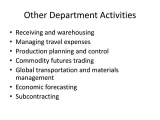 Other Department Activities
• Receiving and warehousing
• Managing travel expenses
• Production planning and control
• Commodity futures trading
• Global transportation and materials
management
• Economic forecasting
• Subcontracting
 