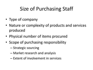 Size of Purchasing Staff
• Type of company
• Nature or complexity of products and services
produced
• Physical number of items procured
• Scope of purchasing responsibility
– Strategic sourcing
– Market research and analysis
– Extent of involvement in services
 