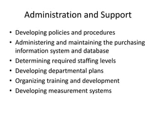 Administration and Support
• Developing policies and procedures
• Administering and maintaining the purchasing
information system and database
• Determining required staffing levels
• Developing departmental plans
• Organizing training and development
• Developing measurement systems
 