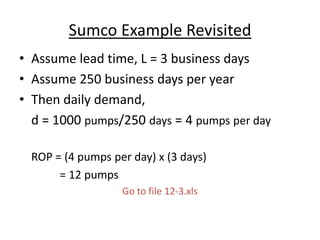 Sumco Example Revisited
• Assume lead time, L = 3 business days
• Assume 250 business days per year
• Then daily demand,
d = 1000 pumps/250 days = 4 pumps per day
ROP = (4 pumps per day) x (3 days)
= 12 pumps
Go to file 12-3.xls
 