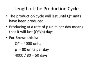 Length of the Production Cycle
• The production cycle will last until Q* units
have been produced
• Producing at a rate of p units per day means
that it will last (Q*/p) days
• For Brown this is:
Q* = 4000 units
p = 80 units per day
4000 / 80 = 50 days
 