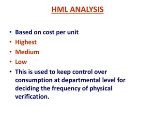 HML ANALYSIS
• Based on cost per unit
• Highest
• Medium
• Low
• This is used to keep control over
consumption at departmental level for
deciding the frequency of physical
verification.
 
