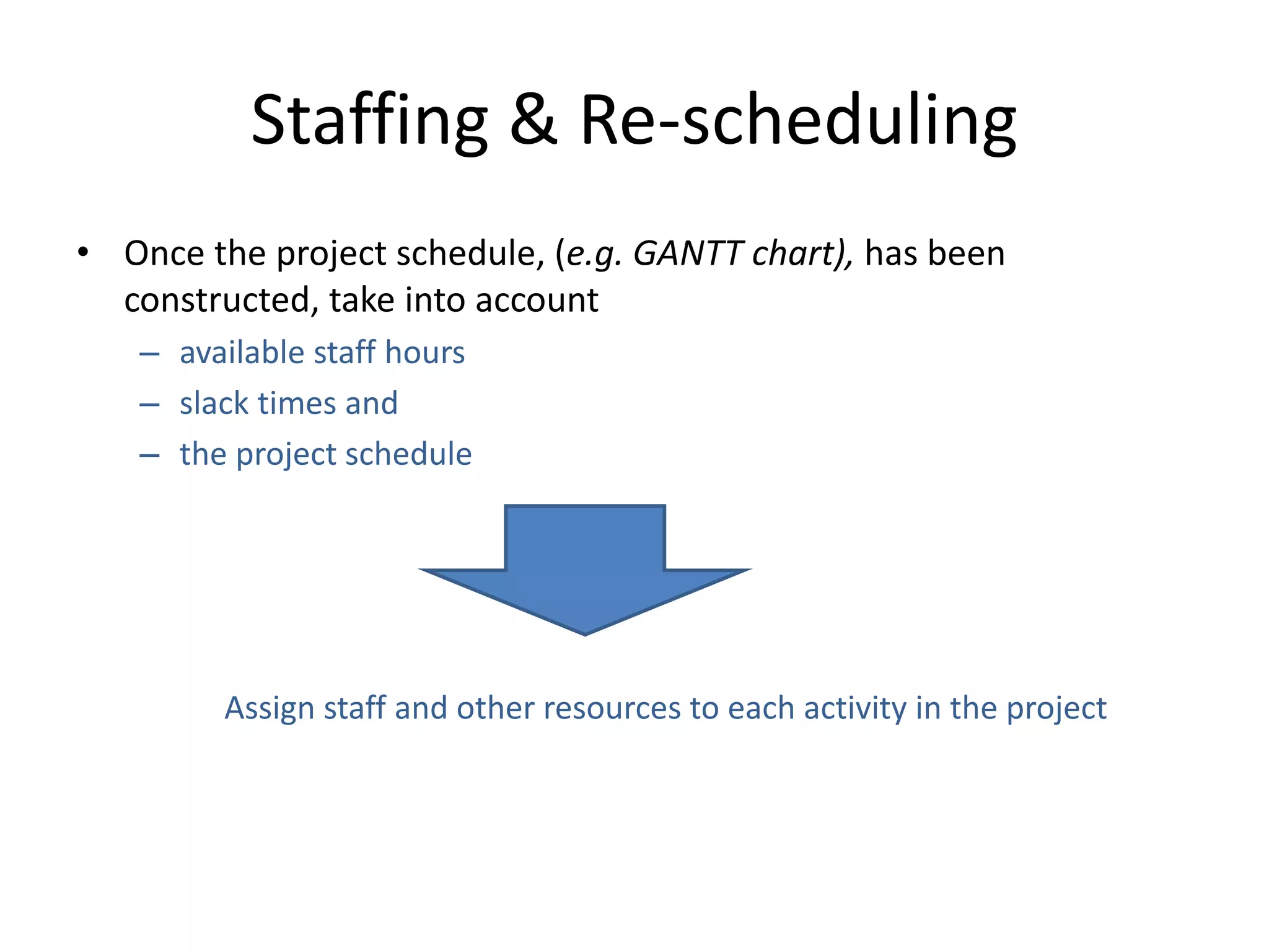 Staffing & Re-scheduling
• Once the project schedule, (e.g. GANTT chart), has been
constructed, take into account
– available staff hours
– slack times and
– the project schedule
Assign staff and other resources to each activity in the project
 