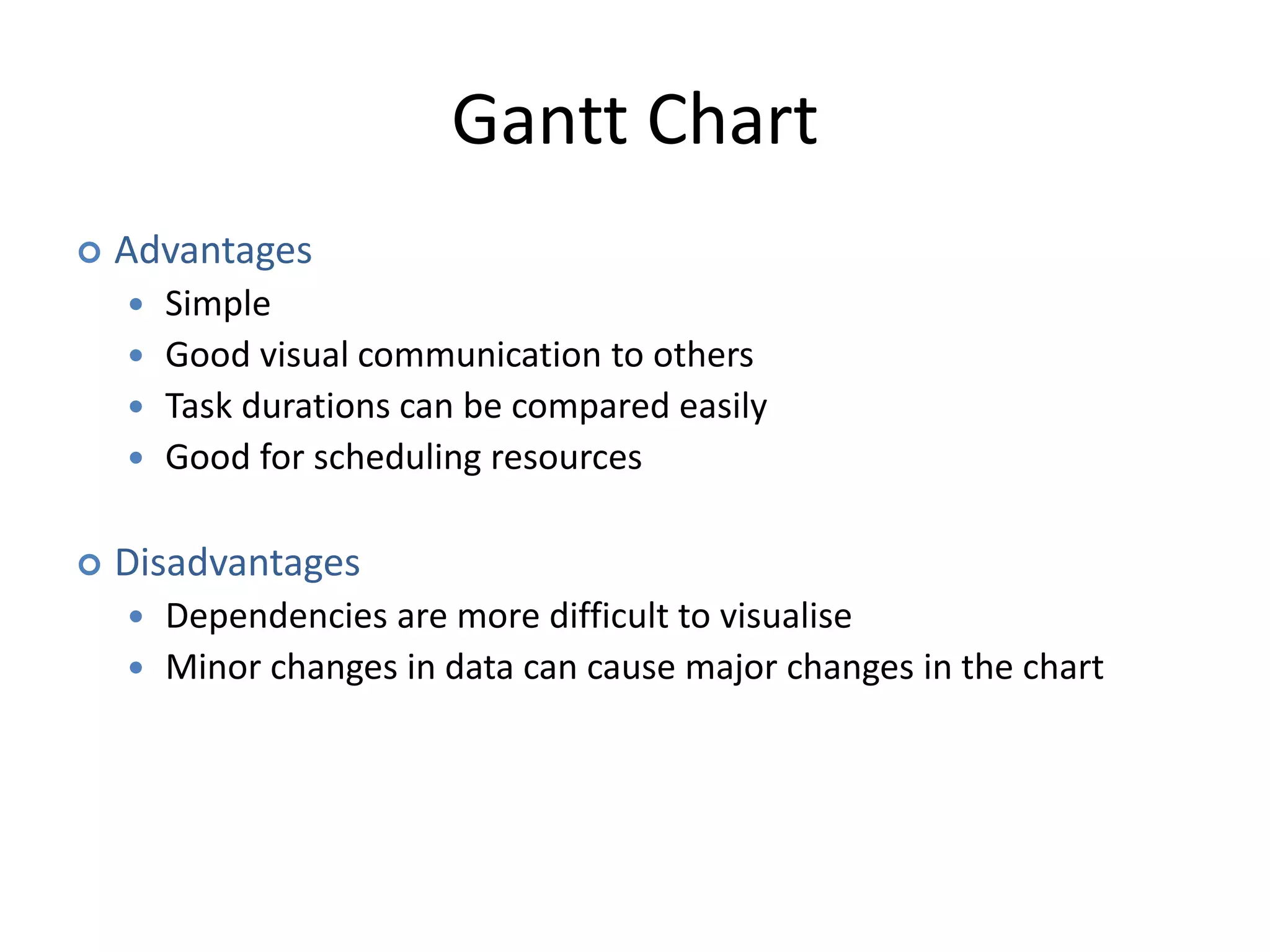 Gantt Chart
 Advantages
 Simple
 Good visual communication to others
 Task durations can be compared easily
 Good for scheduling resources
 Disadvantages
 Dependencies are more difficult to visualise
 Minor changes in data can cause major changes in the chart
 