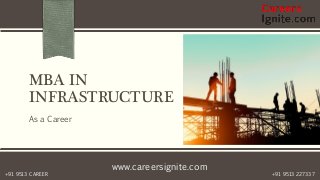 www.careersignite.com
+91 9513 227337+91 9513 CAREER
MBA IN
INFRASTRUCTURE
As a Career
 