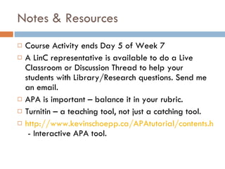 Notes & Resources  Course Activity ends Day 5 of Week 7 A LinC representative is available to do a Live Classroom or Discussion Thread to help your students with Library/Research questions. Send me an email.  APA is important – balance it in your rubric. Turnitin – a teaching tool, not just a catching tool. http://www.kevinschoepp.ca/APAtutorial/contents.htm  - Interactive APA tool.  