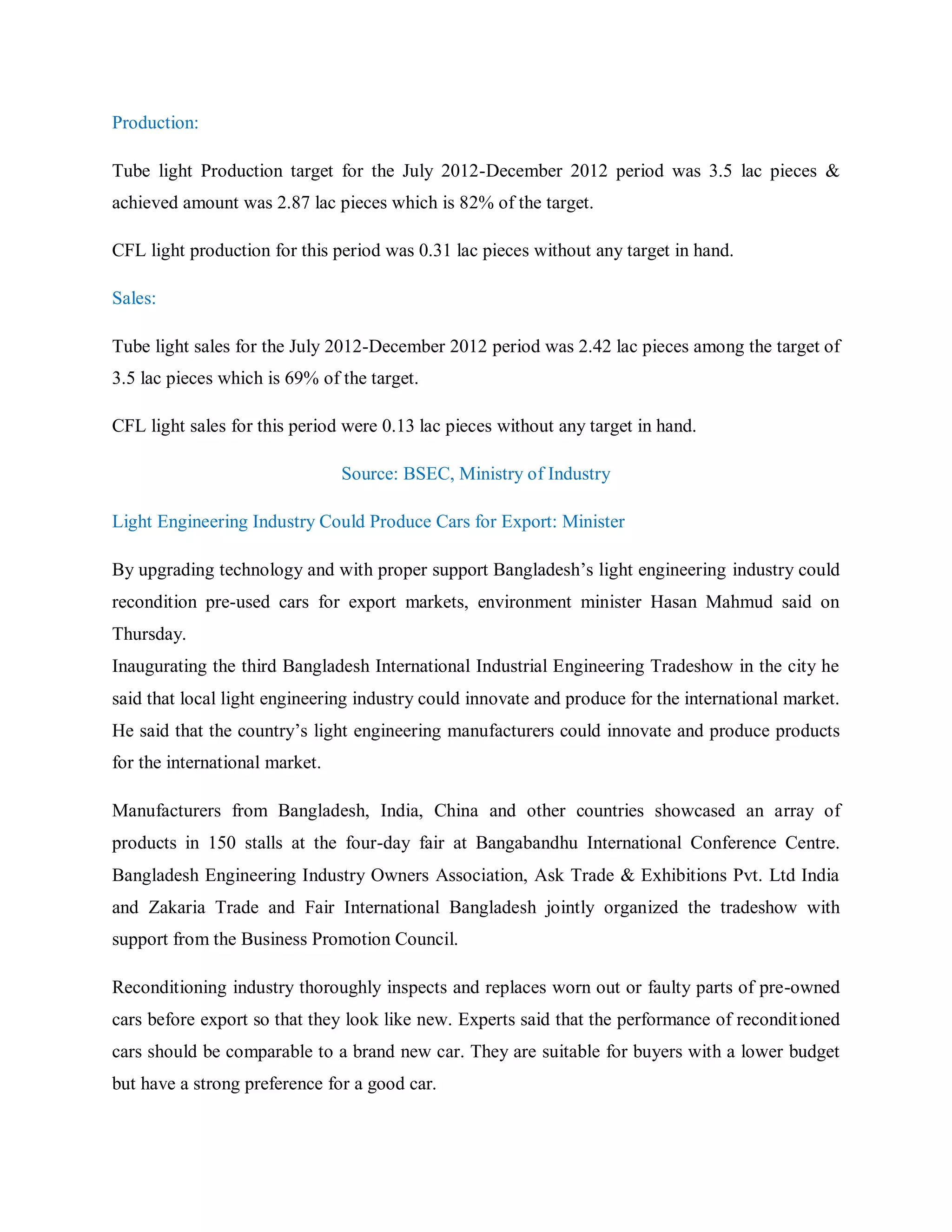 Production:
Tube light Production target for the July 2012-December 2012 period was 3.5 lac pieces &
achieved amount was 2.87 lac pieces which is 82% of the target.
CFL light production for this period was 0.31 lac pieces without any target in hand.
Sales:
Tube light sales for the July 2012-December 2012 period was 2.42 lac pieces among the target of
3.5 lac pieces which is 69% of the target.
CFL light sales for this period were 0.13 lac pieces without any target in hand.
Source: BSEC, Ministry of Industry
Light Engineering Industry Could Produce Cars for Export: Minister
By upgrading technology and with proper support Bangladesh‟s light engineering industry could
recondition pre-used cars for export markets, environment minister Hasan Mahmud said on
Thursday.
Inaugurating the third Bangladesh International Industrial Engineering Tradeshow in the city he
said that local light engineering industry could innovate and produce for the international market.
He said that the country‟s light engineering manufacturers could innovate and produce products
for the international market.
Manufacturers from Bangladesh, India, China and other countries showcased an array of
products in 150 stalls at the four-day fair at Bangabandhu International Conference Centre.
Bangladesh Engineering Industry Owners Association, Ask Trade & Exhibitions Pvt. Ltd India
and Zakaria Trade and Fair International Bangladesh jointly organized the tradeshow with
support from the Business Promotion Council.
Reconditioning industry thoroughly inspects and replaces worn out or faulty parts of pre-owned
cars before export so that they look like new. Experts said that the performance of reconditioned
cars should be comparable to a brand new car. They are suitable for buyers with a lower budget
but have a strong preference for a good car.
 