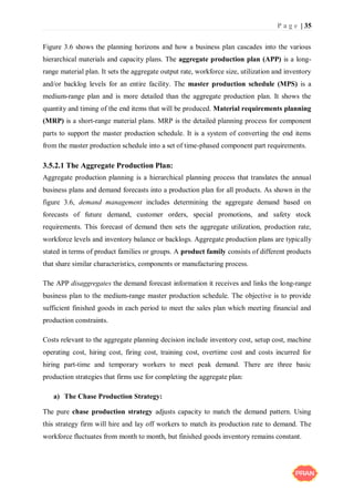 P a g e | 35
Figure 3.6 shows the planning horizons and how a business plan cascades into the various
hierarchical materials and capacity plans. The aggregate production plan (APP) is a long-
range material plan. It sets the aggregate output rate, workforce size, utilization and inventory
and/or backlog levels for an entire facility. The master production schedule (MPS) is a
medium-range plan and is more detailed than the aggregate production plan. It shows the
quantity and timing of the end items that will be produced. Material requirements planning
(MRP) is a short-range material plans. MRP is the detailed planning process for component
parts to support the master production schedule. It is a system of converting the end items
from the master production schedule into a set of time-phased component part requirements.
3.5.2.1 The Aggregate Production Plan:
Aggregate production planning is a hierarchical planning process that translates the annual
business plans and demand forecasts into a production plan for all products. As shown in the
figure 3.6, demand management includes determining the aggregate demand based on
forecasts of future demand, customer orders, special promotions, and safety stock
requirements. This forecast of demand then sets the aggregate utilization, production rate,
workforce levels and inventory balance or backlogs. Aggregate production plans are typically
stated in terms of product families or groups. A product family consists of different products
that share similar characteristics, components or manufacturing process.
The APP disaggregates the demand forecast information it receives and links the long-range
business plan to the medium-range master production schedule. The objective is to provide
sufficient finished goods in each period to meet the sales plan which meeting financial and
production constraints.
Costs relevant to the aggregate planning decision include inventory cost, setup cost, machine
operating cost, hiring cost, firing cost, training cost, overtime cost and costs incurred for
hiring part-time and temporary workers to meet peak demand. There are three basic
production strategies that firms use for completing the aggregate plan:
a) The Chase Production Strategy:
The pure chase production strategy adjusts capacity to match the demand pattern. Using
this strategy firm will hire and lay off workers to match its production rate to demand. The
workforce fluctuates from month to month, but finished goods inventory remains constant.
 
