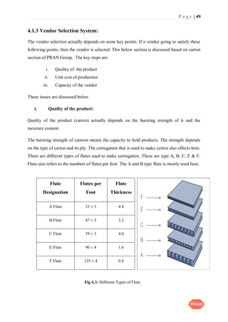 P a g e | 49
4.1.3 Vendor Selection System:
The vendor selection actually depends on some key points. If a vendor going to satisfy these
following points, then the vendor is selected. This below section is discussed based on carton
section of PRAN Group. The key steps are:
i. Quality of the product
ii. Unit cost of production
iii. Capacity of the vendor
These issues are discussed below.
i. Quality of the product:
Quality of the product (carton) actually depends on the bursting strength of it and the
moisture content.
The bursting strength of cartoon means the capacity to hold products. The strength depends
on the type of carton and its ply. The corrugation that is used to make carton also effects here.
There are different types of flutes used to make corrugation. These are type A, B, C, E & F.
Flute size refers to the numbers of flutes per foot. The A and B type flute is mostly used here.
Flute
Designation
Flutes per
Foot
Flute
Thickness
A Flute 33 ± 3 4.8
B Flute 47 ± 3 3.2
C Flute 39 ± 3 4.0
E Flute 90 ± 4 1.6
F Flute 125 ± 4 0.8
Fig 4.3: Different Types of Flute
 