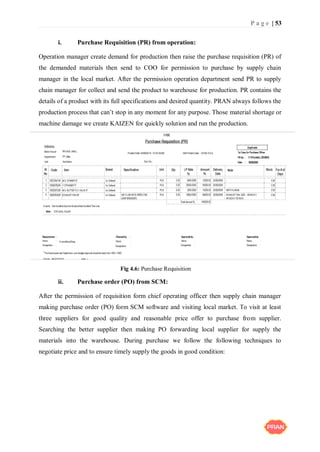P a g e | 53
i. Purchase Requisition (PR) from operation:
Operation manager create demand for production then raise the purchase requisition (PR) of
the demanded materials then send to COO for permission to purchase by supply chain
manager in the local market. After the permission operation department send PR to supply
chain manager for collect and send the product to warehouse for production. PR contains the
details of a product with its full specifications and desired quantity. PRAN always follows the
production process that can’t stop in any moment for any purpose. Those material shortage or
machine damage we create KAIZEN for quickly solution and run the production.
ii. Purchase order (PO) from SCM:
After the permission of requisition form chief operating officer then supply chain manager
making purchase order (PO) form SCM software and visiting local market. To visit at least
three suppliers for good quality and reasonable price offer to purchase from supplier.
Searching the better supplier then making PO forwarding local supplier for supply the
materials into the warehouse. During purchase we follow the following techniques to
negotiate price and to ensure timely supply the goods in good condition:
Fig 4.6: Purchase Requisition
 