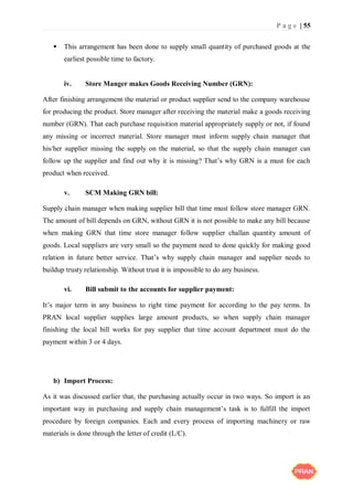P a g e | 55
 This arrangement has been done to supply small quantity of purchased goods at the
earliest possible time to factory.
iv. Store Manger makes Goods Receiving Number (GRN):
After finishing arrangement the material or product supplier send to the company warehouse
for producing the product. Store manager after receiving the material make a goods receiving
number (GRN). That each purchase requisition material appropriately supply or not, if found
any missing or incorrect material. Store manager must inform supply chain manager that
his/her supplier missing the supply on the material, so that the supply chain manager can
follow up the supplier and find out why it is missing? That’s why GRN is a must for each
product when received.
v. SCM Making GRN bill:
Supply chain manager when making supplier bill that time must follow store manager GRN.
The amount of bill depends on GRN, without GRN it is not possible to make any bill because
when making GRN that time store manager follow supplier challan quantity amount of
goods. Local suppliers are very small so the payment need to done quickly for making good
relation in future better service. That’s why supply chain manager and supplier needs to
buildup trusty relationship. Without trust it is impossible to do any business.
vi. Bill submit to the accounts for supplier payment:
It’s major term in any business to right time payment for according to the pay terms. In
PRAN local supplier supplies large amount products, so when supply chain manager
finishing the local bill works for pay supplier that time account department must do the
payment within 3 or 4 days.
b) Import Process:
As it was discussed earlier that, the purchasing actually occur in two ways. So import is an
important way in purchasing and supply chain management’s task is to fulfill the import
procedure by foreign companies. Each and every process of importing machinery or raw
materials is done through the letter of credit (L/C).
 