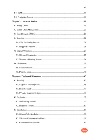 vii
2.11 SCM:....................................................................................................................... 17
2.12 Production Process: ................................................................................................. 18
Chapter 3: Literature Review........................................................................................... 19
3.1 Supply Chain:............................................................................................................ 19
3.2 Supply Chain Management:....................................................................................... 20
3.3 Core Elements of SCM:............................................................................................. 20
3.4 Sourcing:................................................................................................................... 21
3.4.1 The Purchasing Process: ..................................................................................... 21
3.4.2 Supplier Selection:.............................................................................................. 26
3.5 Internal Operation: .................................................................................................... 27
3.5.1 Demand Forecasting: .......................................................................................... 27
3.5.2 Resource Planning System:................................................................................. 34
3.6 Distribution: .............................................................................................................. 39
3.6.1 Transportation: ................................................................................................... 39
3.6.2 Warehousing:...................................................................................................... 43
Chapter 4: Findings & Discussions .................................................................................. 45
4.1 Sourcing:................................................................................................................... 45
4.1.1 Types of Sourcing Used:..................................................................................... 45
4.1.2 Item Sourced: ..................................................................................................... 47
4.1.3 Vendor Selection System:................................................................................... 49
4.2 Purchasing:................................................................................................................ 52
4.2.1 Purchasing Process: ............................................................................................ 52
4.2.2 Payment System: ................................................................................................ 57
4.3 Distribution: .............................................................................................................. 59
4.3.1 Order Collection Point:....................................................................................... 59
4.3.2 Modes of Transportation Used:........................................................................... 59
4.3.3 Transportation Network:..................................................................................... 60
 