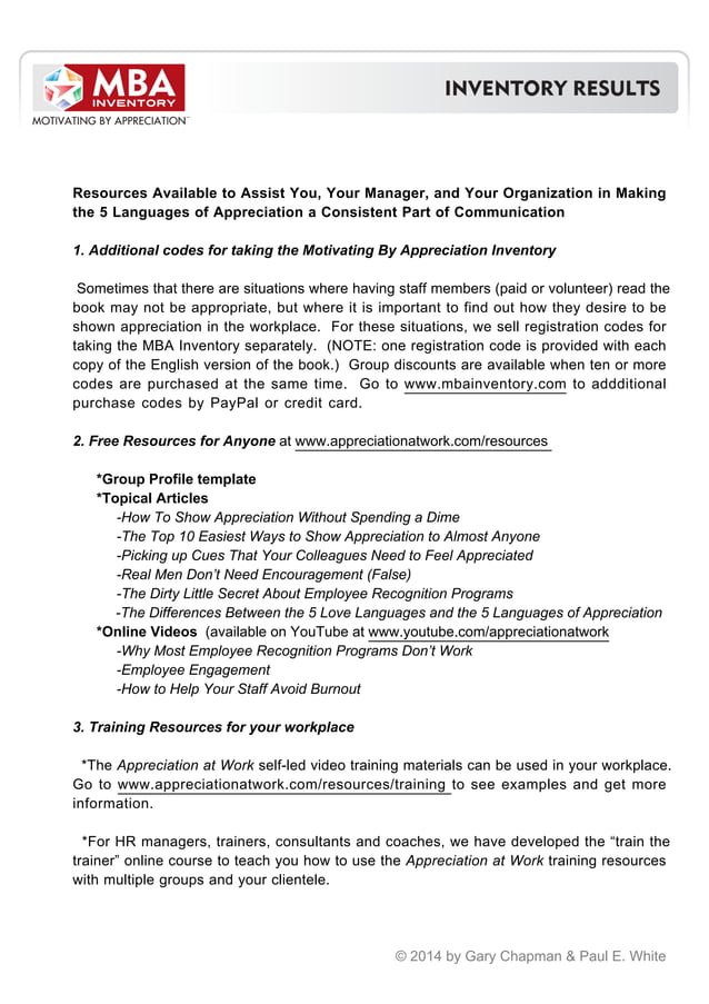 MBA (Managing by Appreciation) Inventory Results - 2014 | PDF