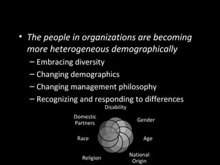 Managing Workforce Diversity
• The people in organizations are becoming
more heterogeneous demographically
– Embracing diversity
– Changing demographics
– Changing management philosophy
– Recognizing and responding to differences
 