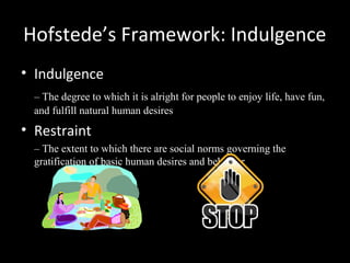Hofstede’s Framework: Indulgence
• Indulgence
– The degree to which it is alright for people to enjoy life, have fun,
and fulfill natural human desires
• Restraint
– The extent to which there are social norms governing the
gratification of basic human desires and behavior
 