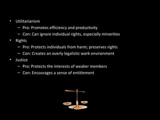 Ethical Decision-Making Criteria
Assessed• Utilitarianism
– Pro: Promotes efficiency and productivity
– Con: Can ignore individual rights, especially minorities
• Rights
– Pro: Protects individuals from harm; preserves rights
– Con: Creates an overly legalistic work environment
• Justice
– Pro: Protects the interests of weaker members
– Con: Encourages a sense of entitlement
 