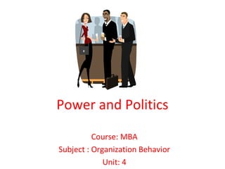 Power and Politics
Course: MBA
Subject : Organization Behavior
Unit: 4
 