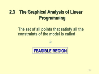 13
2.32.3 The Graphical Analysis of LinearThe Graphical Analysis of Linear
ProgrammingProgramming
The set of all points that satisfy all the
constraints of the model is called
a
FEASIBLE REGIONFEASIBLE REGION
 