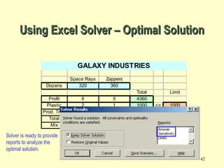 42
Space Rays Zappers
Dozens 320 360
Total Limit
Profit 8 5 4360
Plastic 2 1 1000 <= 1000
Prod. Time 3 4 2400 <= 2400
Total 1 1 680 <= 700
Mix 1 -1 -40 <= 350
GALAXY INDUSTRIES
Using Excel Solver – Optimal SolutionUsing Excel Solver – Optimal Solution
Solver is ready to provide
reports to analyze the
optimal solution.
 