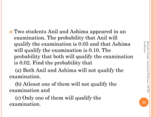  Two students Anil and Ashima appeared in an
examination. The probability that Anil will
qualify the examination is 0.05 and that Ashima
will qualify the examination is 0.10. The
probability that both will qualify the examination
is 0.02. Find the probability that
(a) Both Anil and Ashima will not qualify the
examination.
(b) Atleast one of them will not qualify the
examination and
(c) Only one of them will qualify the
examination. 23
BirinderSingh,AssistantProfessor,PCTE
Ludhiana
 