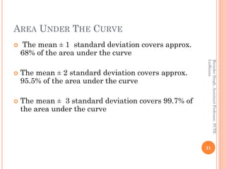 AREA UNDER THE CURVE
 The mean ± 1 standard deviation covers approx.
68% of the area under the curve
 The mean ± 2 standard deviation covers approx.
95.5% of the area under the curve
 The mean ± 3 standard deviation covers 99.7% of
the area under the curve
21
BirinderSingh,AssistantProfessor,PCTE
Ludhiana
 
