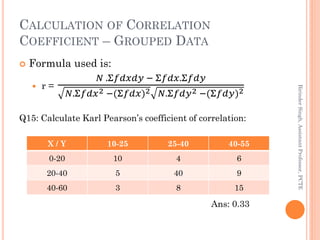 CALCULATION OF CORRELATION
COEFFICIENT – GROUPED DATA
 Formula used is:
 r =
𝑁 .Σ𝑓𝑑𝑥𝑑𝑦 − Σ𝑓𝑑𝑥.Σ𝑓𝑑𝑦
𝑁.Σ𝑓𝑑𝑥2 −(Σ𝑓𝑑𝑥)2 𝑁.Σ𝑓...