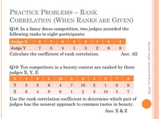 PRACTICE PROBLEMS – RANK
CORRELATION (WHEN RANKS ARE GIVEN)
Q18: In a fancy dress competition, two judges accorded the
fol...