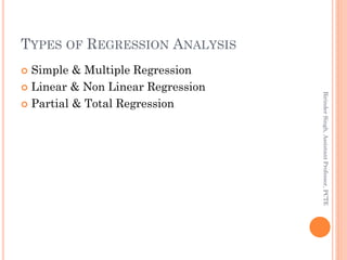TYPES OF REGRESSION ANALYSIS
 Simple & Multiple Regression
 Linear & Non Linear Regression
 Partial & Total Regression
...