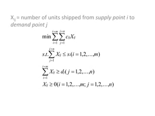 Xij = number of units shipped from supply point i to
demand point j
),...,2,1;,...,2,1(0
),...,2,1(
),...,2,1(..
min
1
1
1 1
njmiX
njdX
misXts
Xc
ij
mi
i
jij
nj
j
iij
mi
i
nj
j
ijij














 