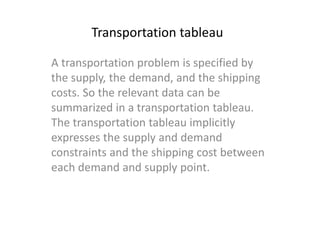 Transportation tableau
A transportation problem is specified by
the supply, the demand, and the shipping
costs. So the relevant data can be
summarized in a transportation tableau.
The transportation tableau implicitly
expresses the supply and demand
constraints and the shipping cost between
each demand and supply point.
 