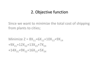 2. Objective function
Since we want to minimize the total cost of shipping
from plants to cities;
Minimize Z = 8X11+6X12+10X13+9X14
+9X21+12X22+13X23+7X24
+14X31+9X32+16X33+5X34
 