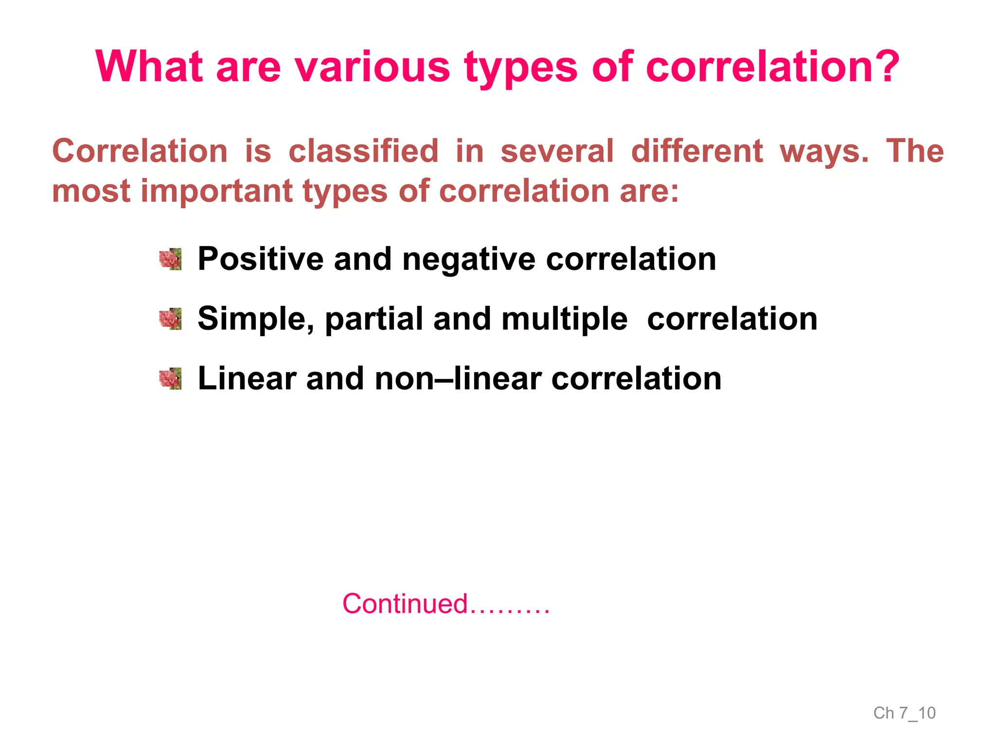 Ch 7_10
What are various types of correlation?
Correlation is classified in several different ways. The
most important types of correlation are:
Positive and negative correlation
Simple, partial and multiple correlation
Linear and non–linear correlation
Continued………
 