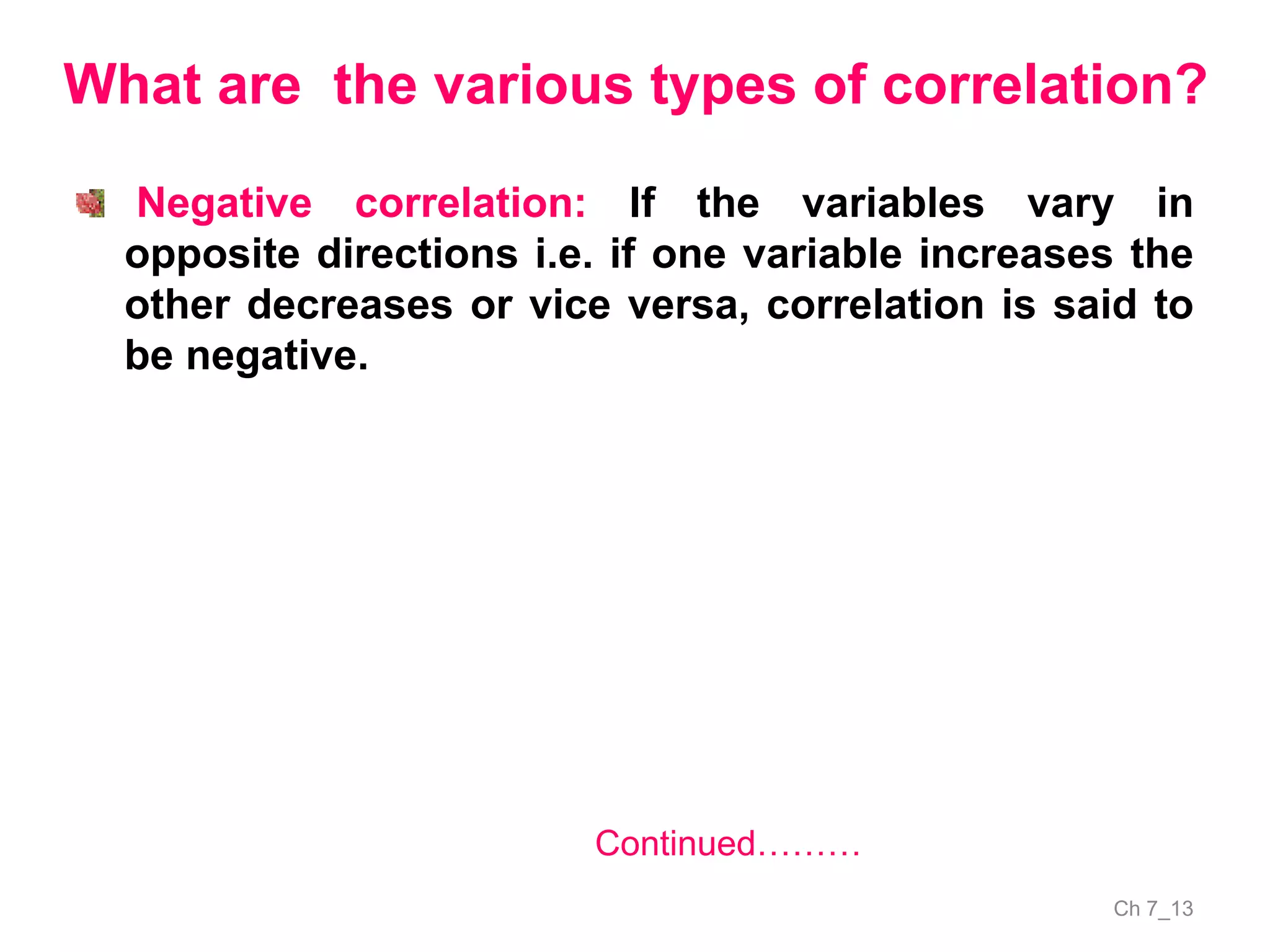 Ch 7_13
Continued………
Negative correlation: If the variables vary in
opposite directions i.e. if one variable increases the
other decreases or vice versa, correlation is said to
be negative.
What are the various types of correlation?
 
