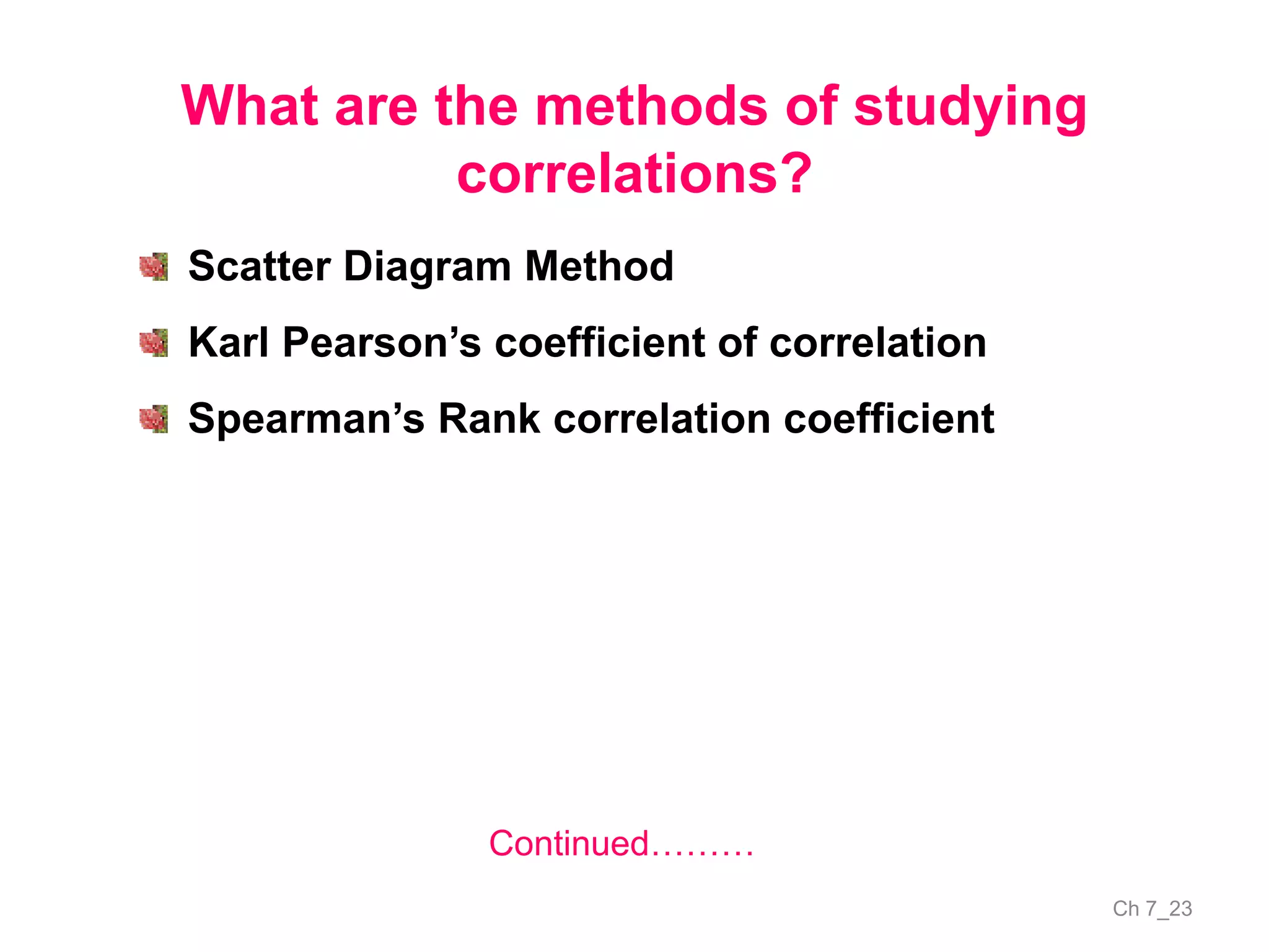 Ch 7_23
What are the methods of studying
correlations?
Continued………
Scatter Diagram Method
Karl Pearson’s coefficient of correlation
Spearman’s Rank correlation coefficient
 