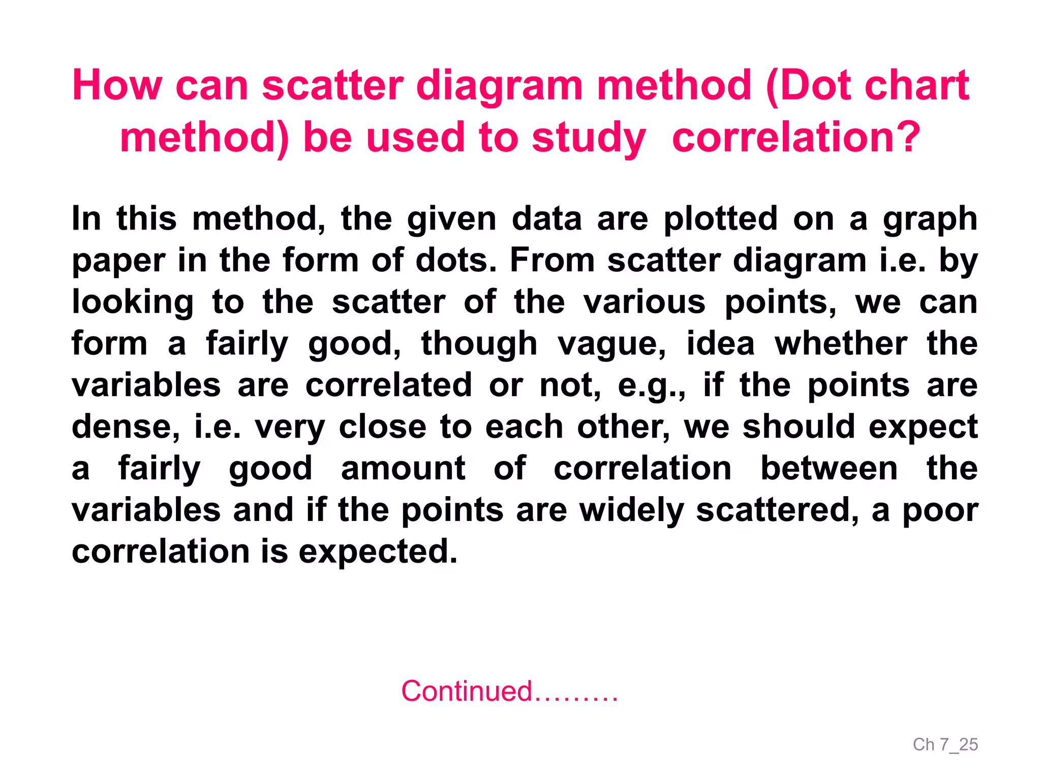 Ch 7_25
How can scatter diagram method (Dot chart
method) be used to study correlation?
Continued………
In this method, the given data are plotted on a graph
paper in the form of dots. From scatter diagram i.e. by
looking to the scatter of the various points, we can
form a fairly good, though vague, idea whether the
variables are correlated or not, e.g., if the points are
dense, i.e. very close to each other, we should expect
a fairly good amount of correlation between the
variables and if the points are widely scattered, a poor
correlation is expected.
 