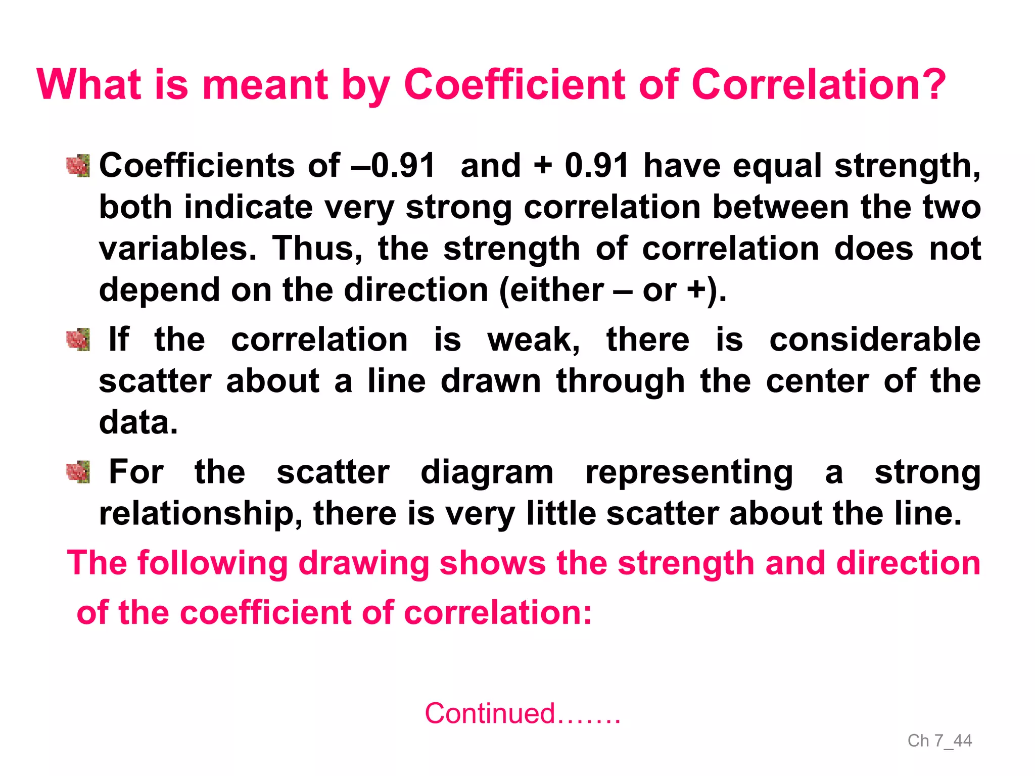 Ch 7_44
Coefficients of –0.91 and + 0.91 have equal strength,
both indicate very strong correlation between the two
variables. Thus, the strength of correlation does not
depend on the direction (either – or +).
If the correlation is weak, there is considerable
scatter about a line drawn through the center of the
data.
For the scatter diagram representing a strong
relationship, there is very little scatter about the line.
The following drawing shows the strength and direction
of the coefficient of correlation:
What is meant by Coefficient of Correlation?
Continued…….
 