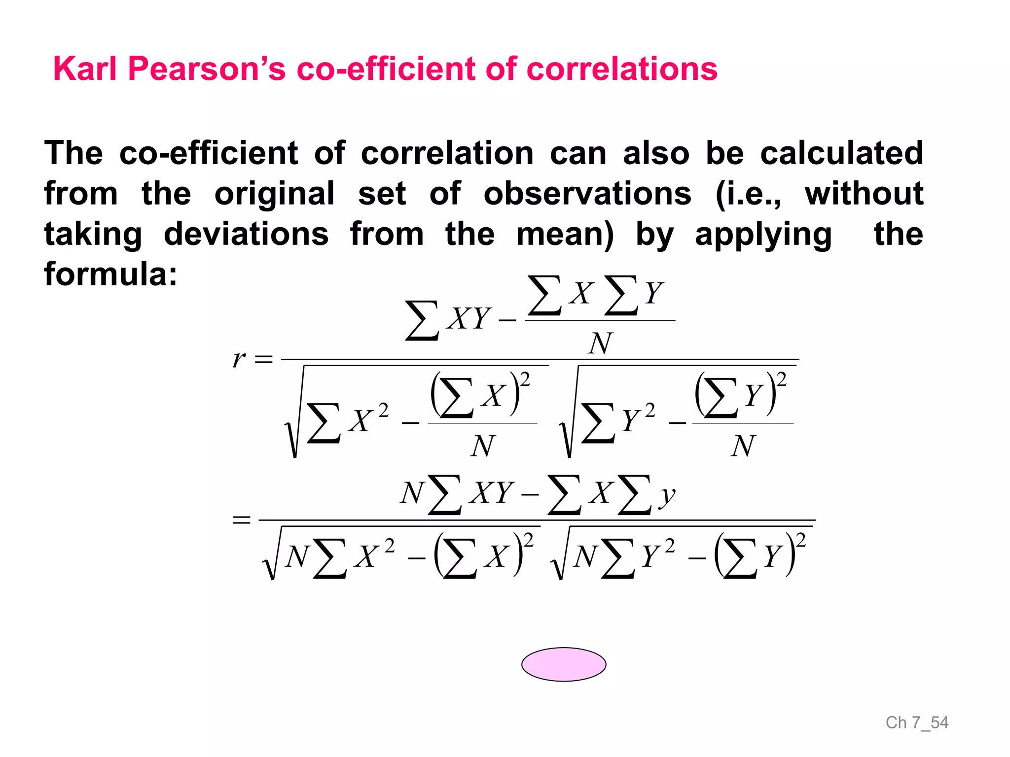 Ch 7_54
Karl Pearson’s co-efficient of correlations
The co-efficient of correlation can also be calculated
from the original set of observations (i.e., without
taking deviations from the mean) by applying the
formula:
   
     
  




 






2222
2
2
2
2
YYNXXN
yXXYN
N
Y
Y
N
X
X
N
YX
XY
r
 