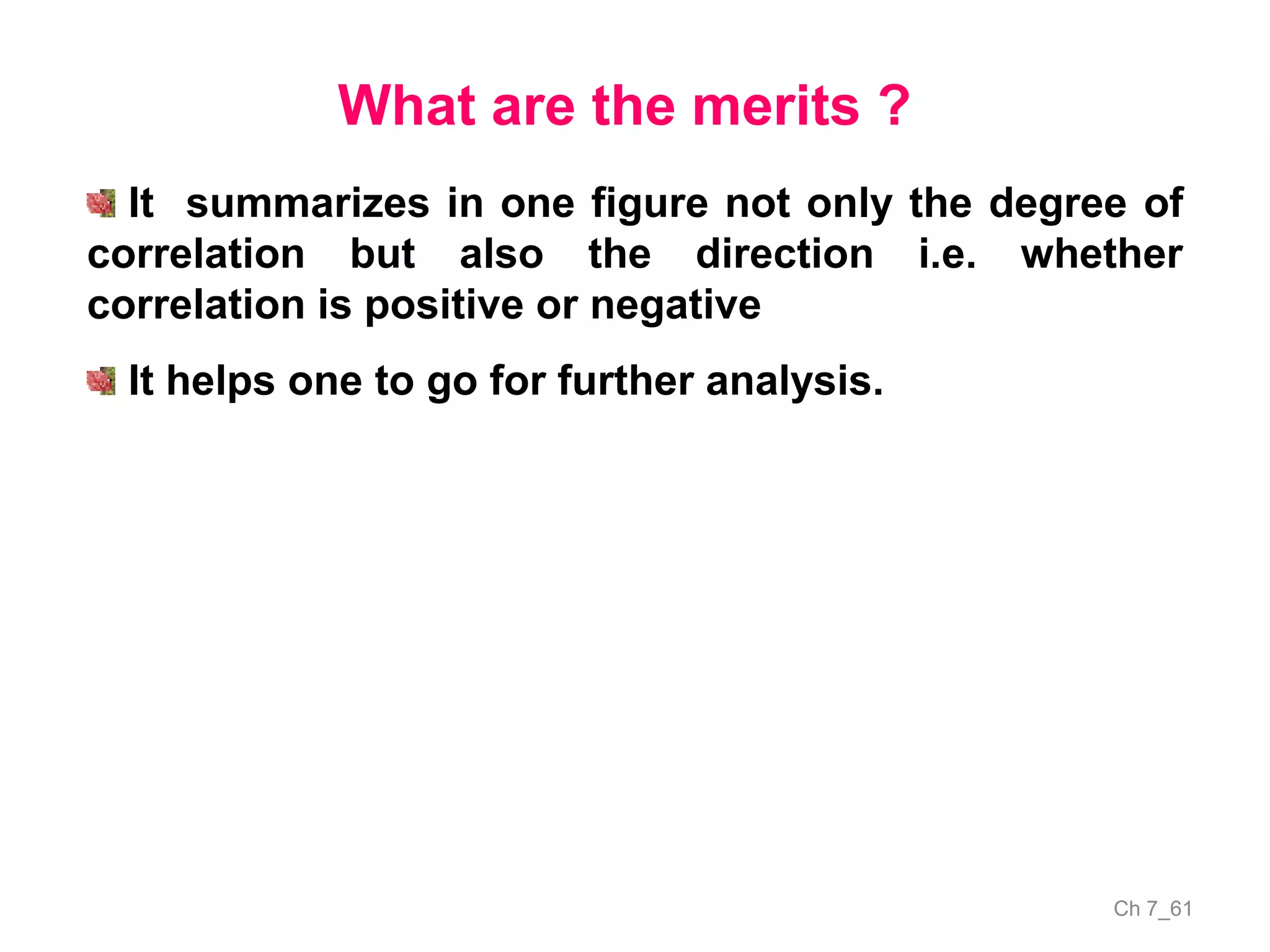 Ch 7_61
What are the merits ?
It summarizes in one figure not only the degree of
correlation but also the direction i.e. whether
correlation is positive or negative
It helps one to go for further analysis.
 