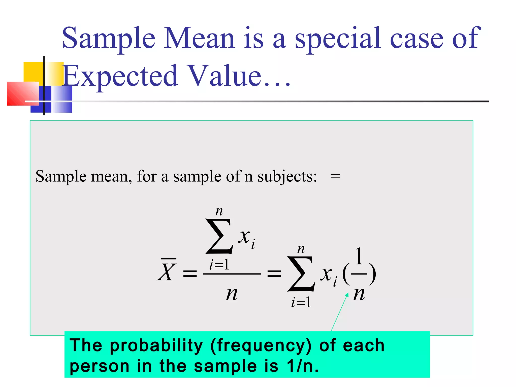 Sample Mean is a special case of
Expected Value…
Sample mean, for a sample of n subjects: =
)
1
(
1
1
n
x
n
x
X
n
i
i
n
i
i
∑
∑
=
=
==
The probability (frequency) of each
person in the sample is 1/n.
 