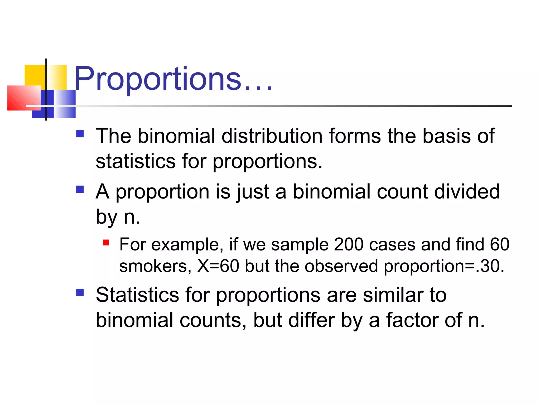 Proportions…
 The binomial distribution forms the basis of
statistics for proportions.
 A proportion is just a binomial count divided
by n.
 For example, if we sample 200 cases and find 60
smokers, X=60 but the observed proportion=.30.
 Statistics for proportions are similar to
binomial counts, but differ by a factor of n.
 