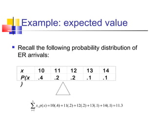 Example: expected value
 Recall the following probability distribution of
ER arrivals:
x 10 11 12 13 14
P(x
)
.4 .2 .2 .1 .1
∑=
=++++=
5
1
3.11)1(.14)1(.13)2(.12)2(.11)4(.10)(
i
i xpx
 