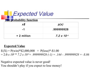 Expected Value
x$ p(x)
-1 .999999928
+ 2 million 7.2 x 10--8
The probability function
Expected Value
E(X) = P(win)*$2,000,000 + P(lose)*-$1.00
= 2.0 x 106
* 7.2 x 10-8
+ .999999928 (-1) = .144 - .999999928 = -$.86
Negative expected value is never good!
You shouldn’t play if you expect to lose money!
 