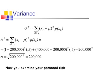 Variance
∑ −=
xall
22
)( )p(xx ii µσ
000,200000,200
000,200)5(.)000,200000,400()5(.)000,2001(
)(
2
222
xall
22
==
=−+−=
=−= ∑
σ
µσ )p(xx ii
Now you examine your personal risk
 