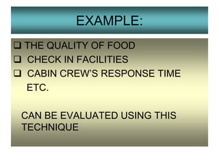 EXAMPLE:
 THE QUALITY OF FOOD
 CHECK IN FACILITIES
 CABIN CREW’S RESPONSE TIME
ETC.
CAN BE EVALUATED USING THIS
TECHNIQUE

 