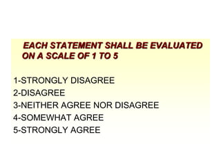 EACH STATEMENT SHALL BE EVALUATED
ON A SCALE OF 1 TO 5
1-STRONGLY DISAGREE
2-DISAGREE
3-NEITHER AGREE NOR DISAGREE
4-SOMEWHAT AGREE
5-STRONGLY AGREE

 