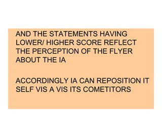 AND THE STATEMENTS HAVING
LOWER/ HIGHER SCORE REFLECT
THE PERCEPTION OF THE FLYER
ABOUT THE IA
ACCORDINGLY IA CAN REPOSITION IT
SELF VIS A VIS ITS COMETITORS

 