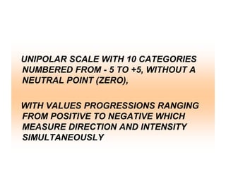 UNIPOLAR SCALE WITH 10 CATEGORIES
NUMBERED FROM - 5 TO +5, WITHOUT A
NEUTRAL POINT (ZERO),
WITH VALUES PROGRESSIONS RANGING
FROM POSITIVE TO NEGATIVE WHICH
MEASURE DIRECTION AND INTENSITY
SIMULTANEOUSLY

 